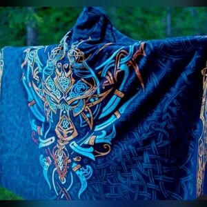Blue and Gold Tribal Hooded Cloak Blanket with Intricate Design